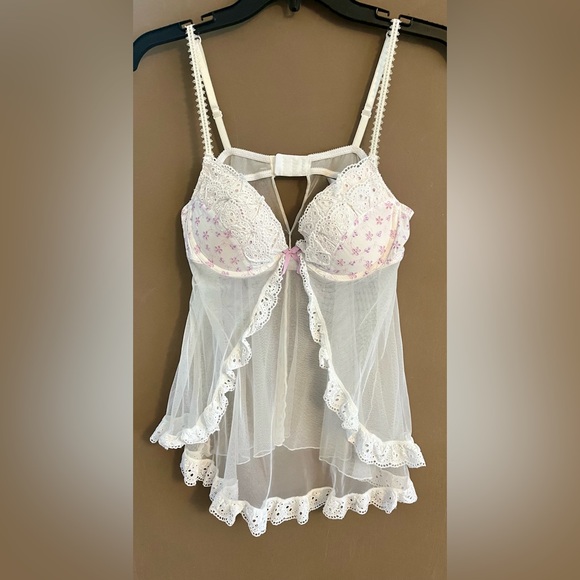 Elegant Lace Trimmed White and Pink Babydoll - Picture 1 of 12